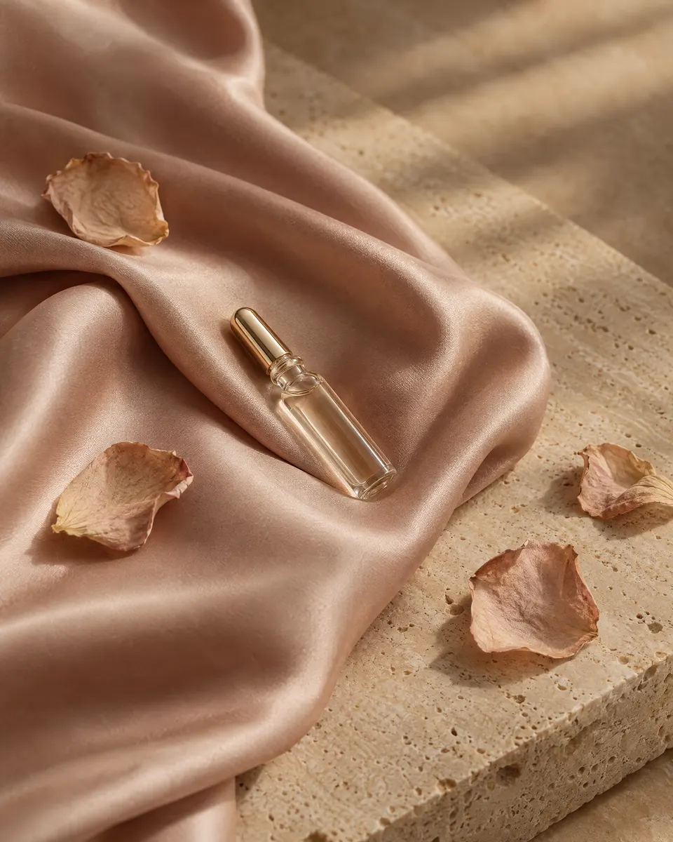 Cetim nude com uma ampola de vidro sobre pedra travertino (imagem ilustrativa)